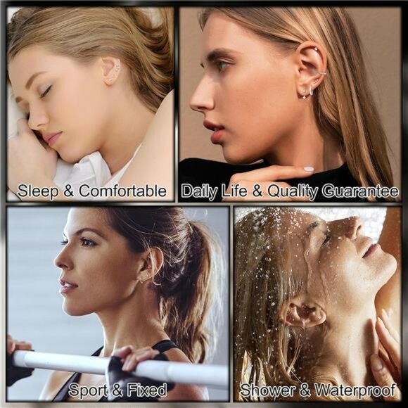 Gold flat back cartilage earrings set hypoallergenic hoop stud piercing - Picture 4 of 7